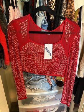 Blue B. Red Rhinestone Long-Sleeve Crop Top